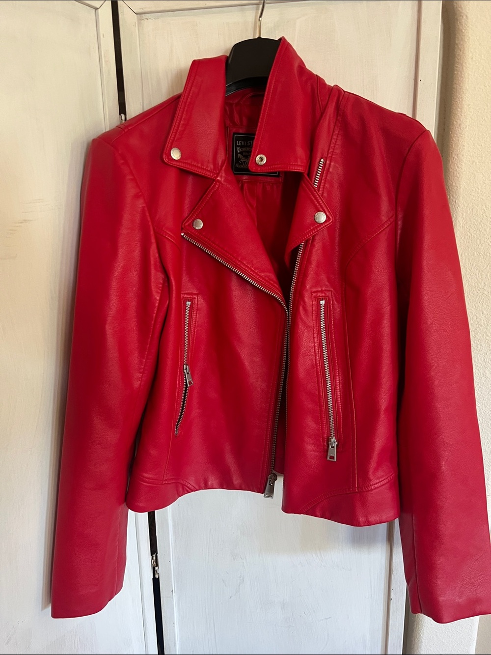 EUC like new Levi's Red Faux Leather Moto Jacket sz L